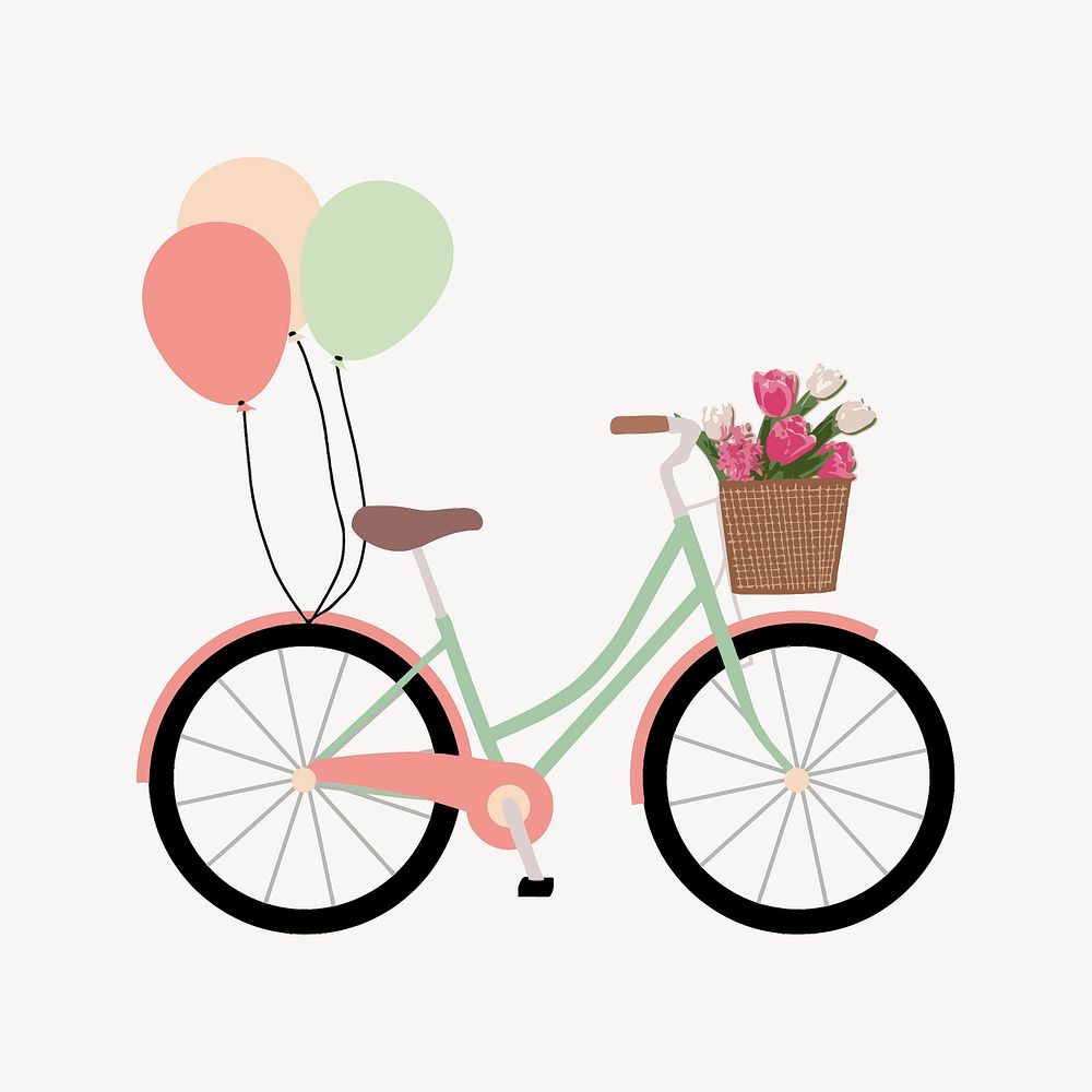 Bicycle with balloon and flower basket illustration. Free public domain CC0 image.