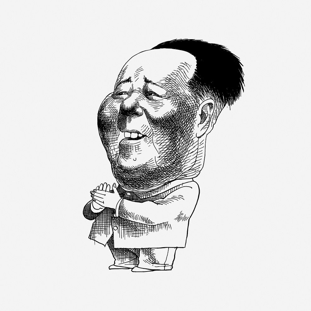 Mao Zedong caricature clipart, drawing illustration. Free public domain CC0 image.