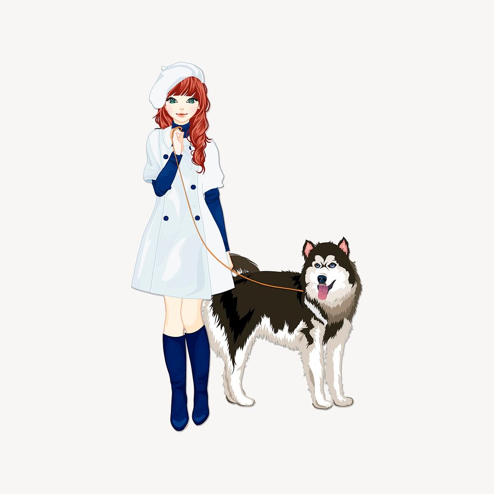 Girl with husky clipart, illustration vector. Free public domain CC0 image.