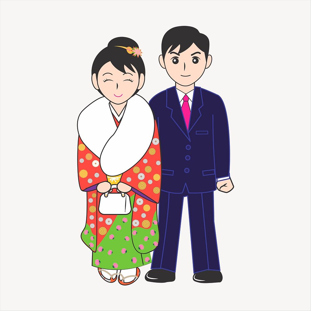 Traditional Japanese couple clipart illustration psd. Free public domain CC0 image.