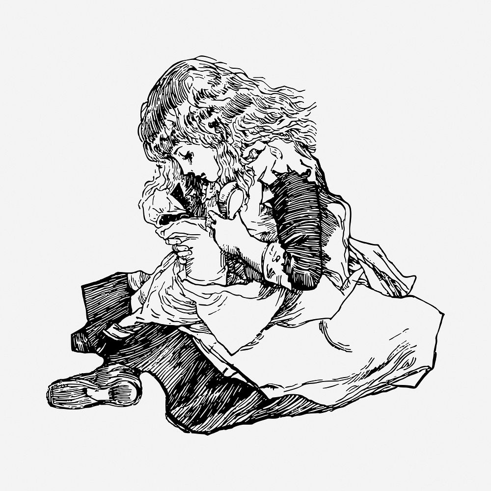 Girl with doll illustration. Free public domain CC0 image.