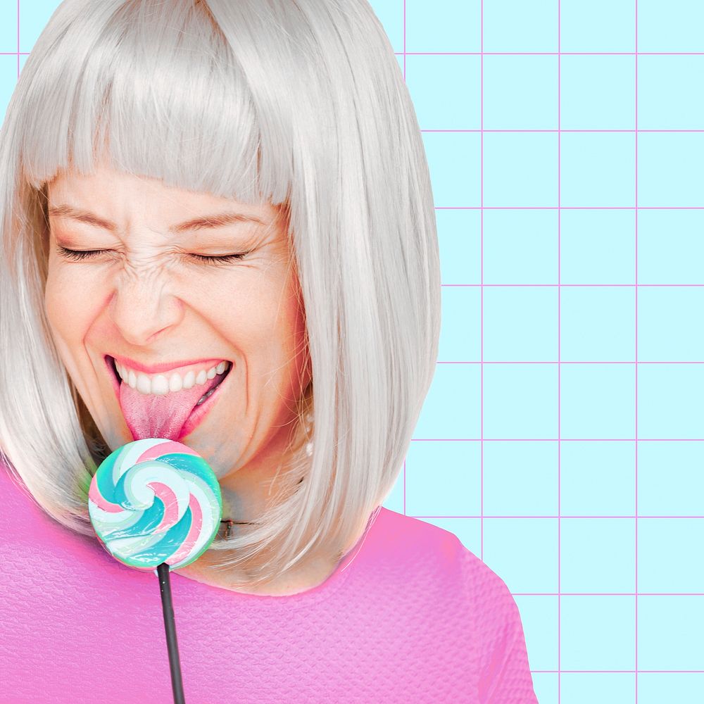 Funky woman licking lollipop, colorful design