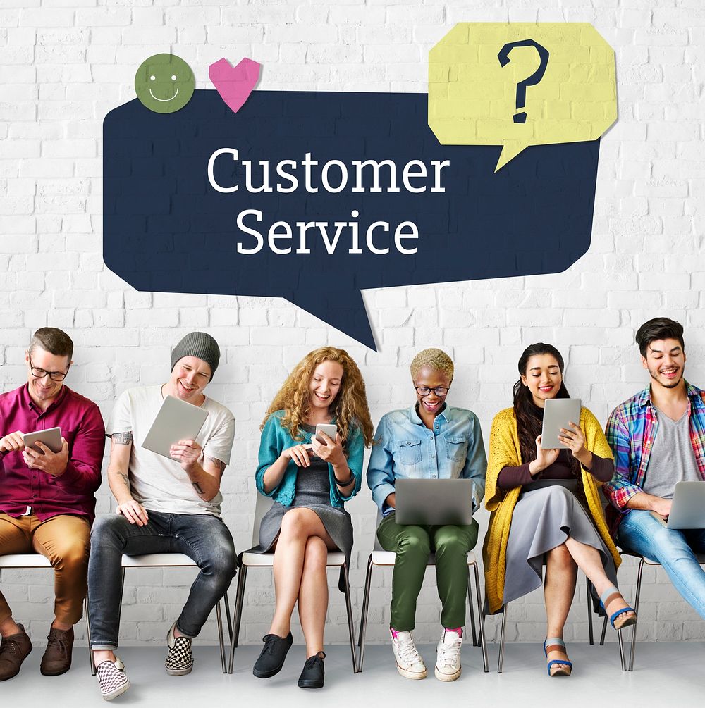 Groupof people using digital devices with customer support speech bubble