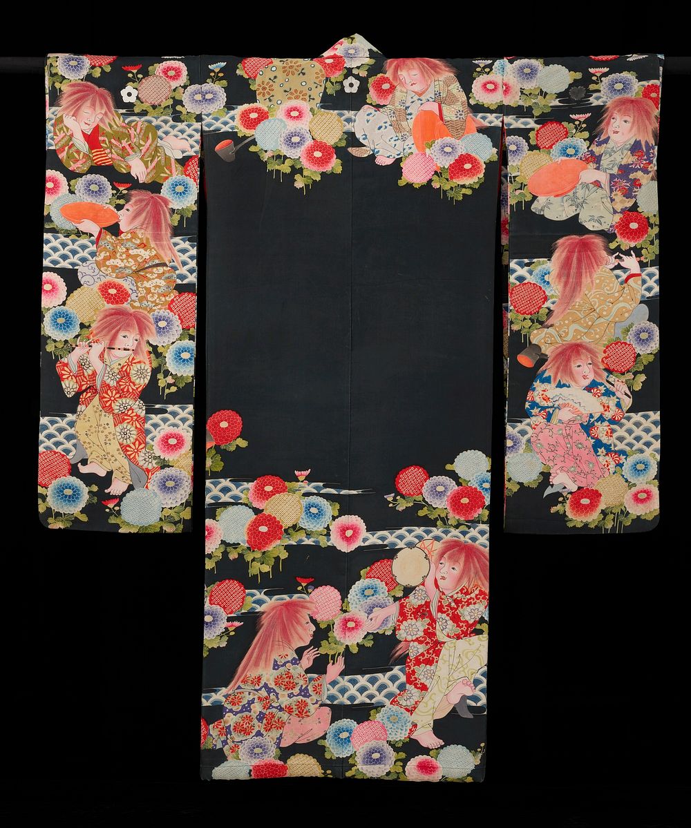 Kimono, no dance, fox girl; heavy black silk with bright flower and figure designs. Lined with scarlet silk. Original from…