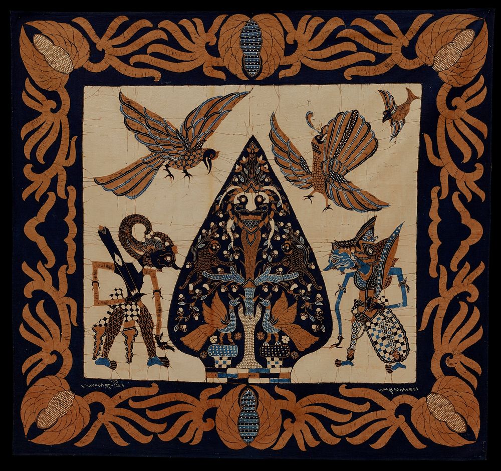 Square, batik, cotton. Birds and grotesque figures on light tan ground. Wide border of brown fruit and leaves on blue…