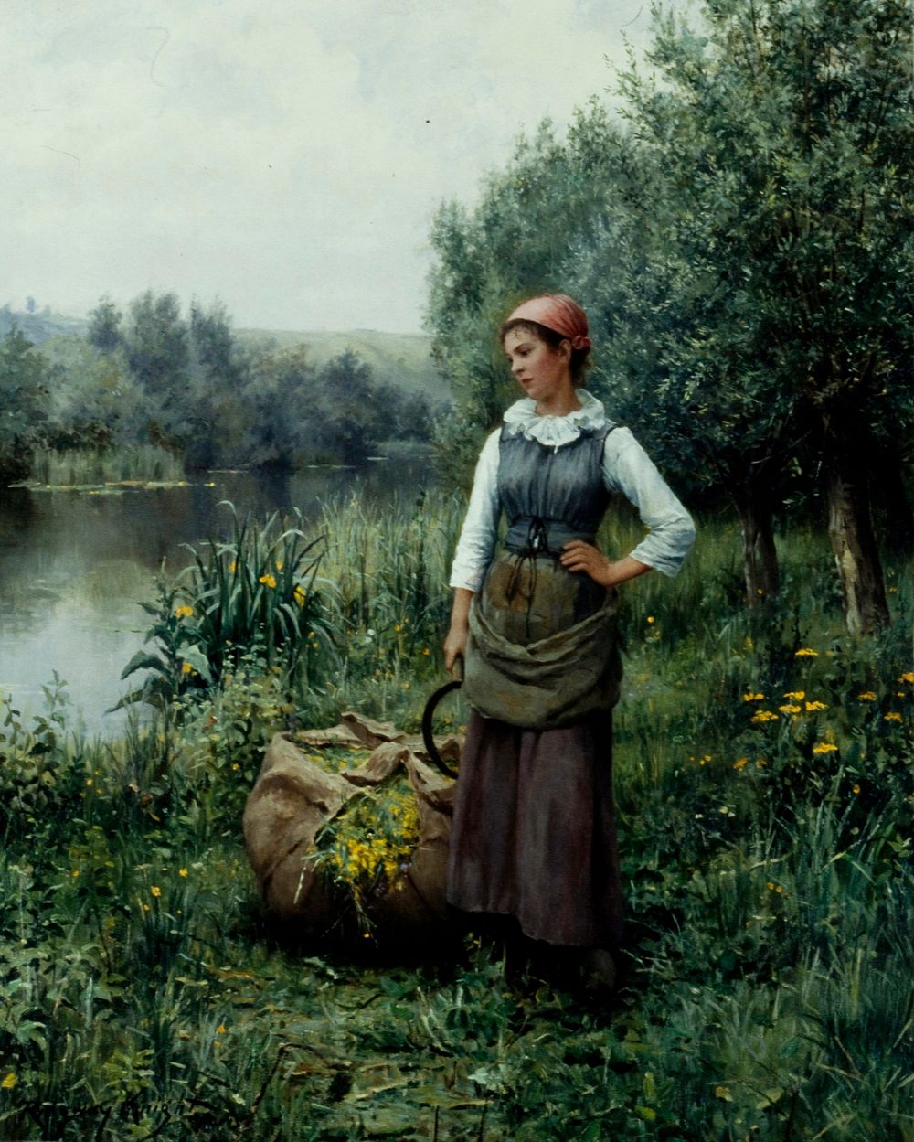 Genre. Female in a landscape standing by a stream, holding a scythe. Next to her is a large burlap sack of flowers and…