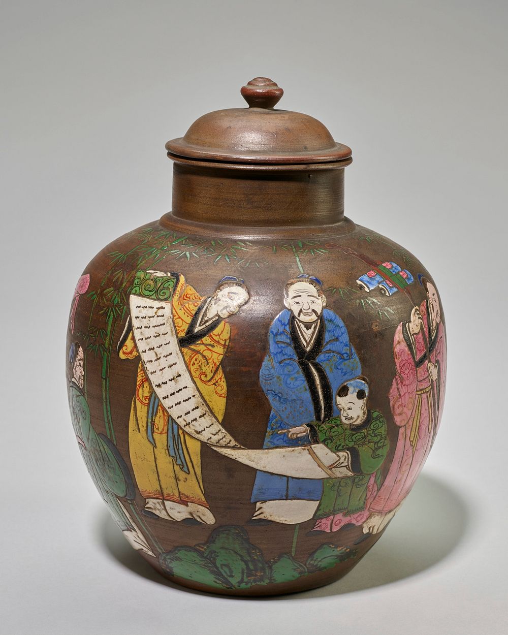 Jar, covered, decorated in enamel in Seven Wise Men design. Original from the Minneapolis Institute of Art.