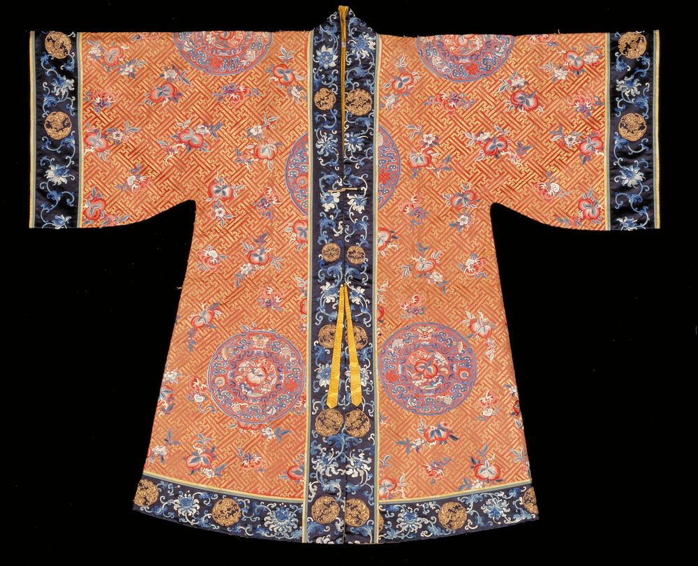 Taoist Priest's Robe embroidered with the Pa Pao (Eight Precious Things) in eight large medallions. Faded rust satin ground…