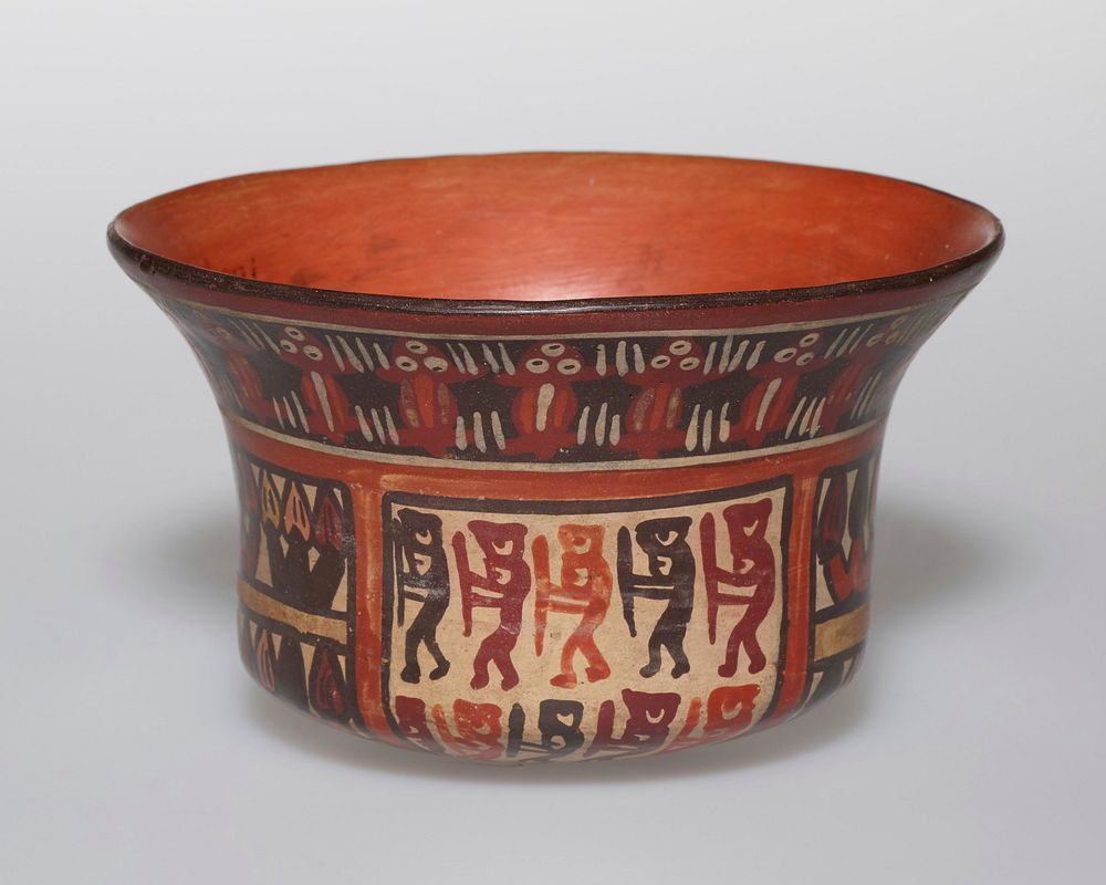 Bowl decorated with painted panels on body and a narrow border around rim. In the body area double rows of human figures…