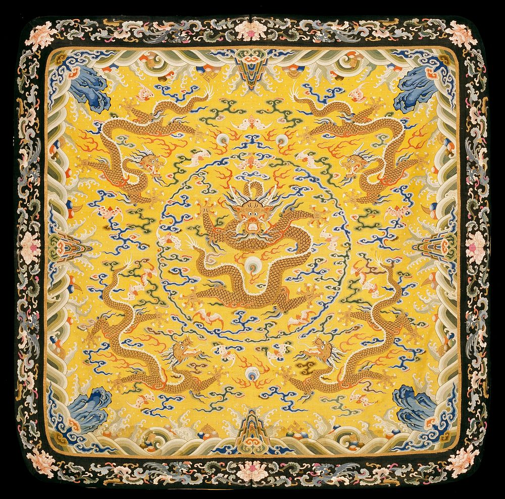 Panel of imperial yellow k'ossu with five five-clawed dragons in gold; one seated in a central medallion formed of loose…