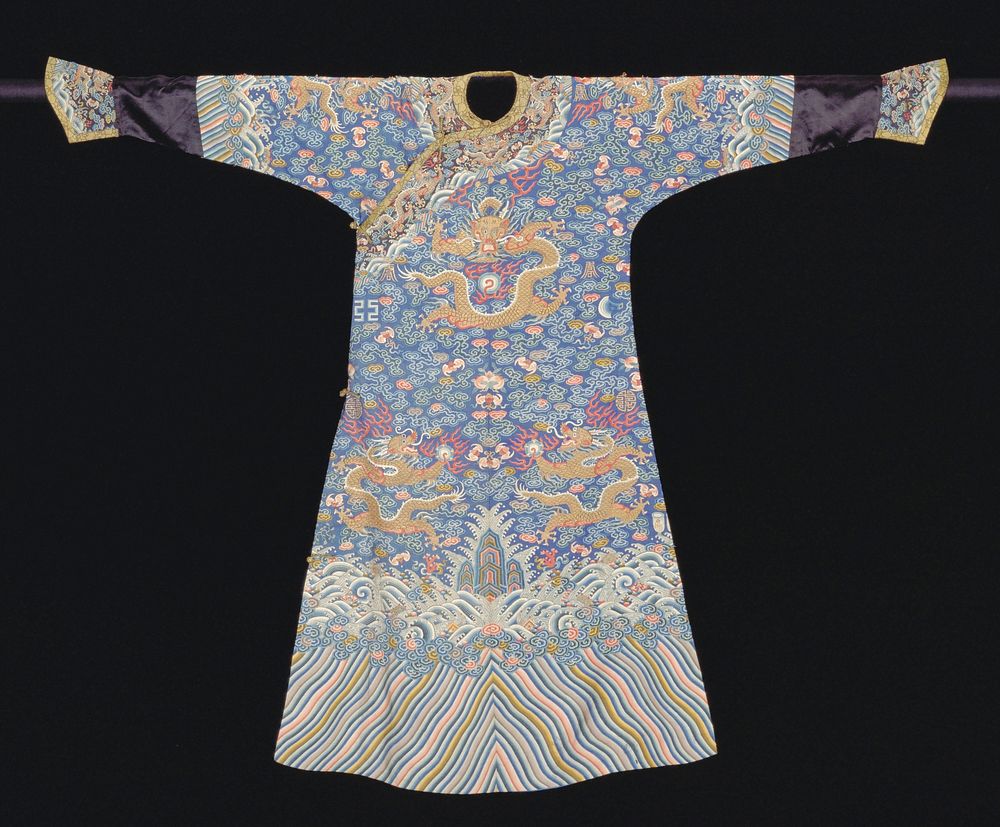 Imperial Twelve Symbol robe of blue k'ossu with nine 5-clawed dragons in gold, those in profile clutching the Heavenly…