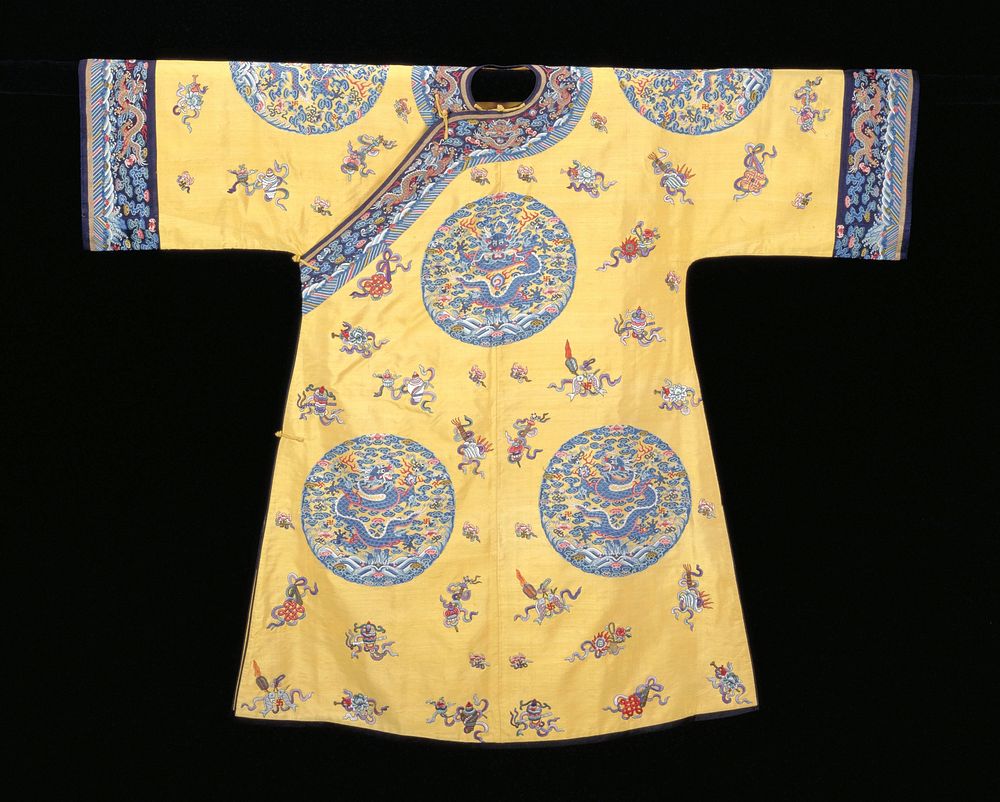 Imperial robe of yellow k'ossu with eight large medallions, each containing a 5-clawed dragon in blue grasping the Heavenly…