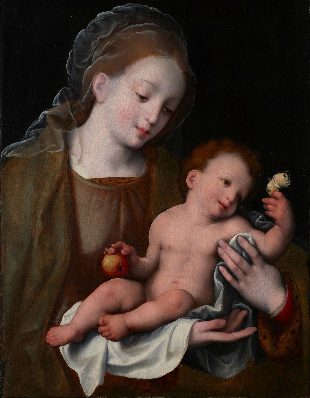Madonna and Christ Child Christ holds apple in one hand and touches a cabbage butterfly with the other. Original from the…