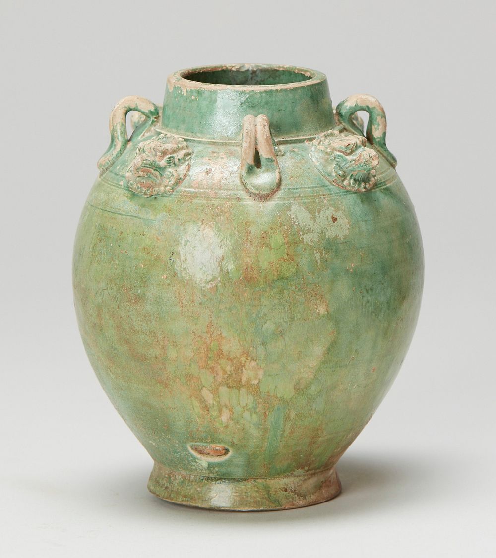 Vase, glazed green- four small handles. White earthenware. Original from the Minneapolis Institute of Art.