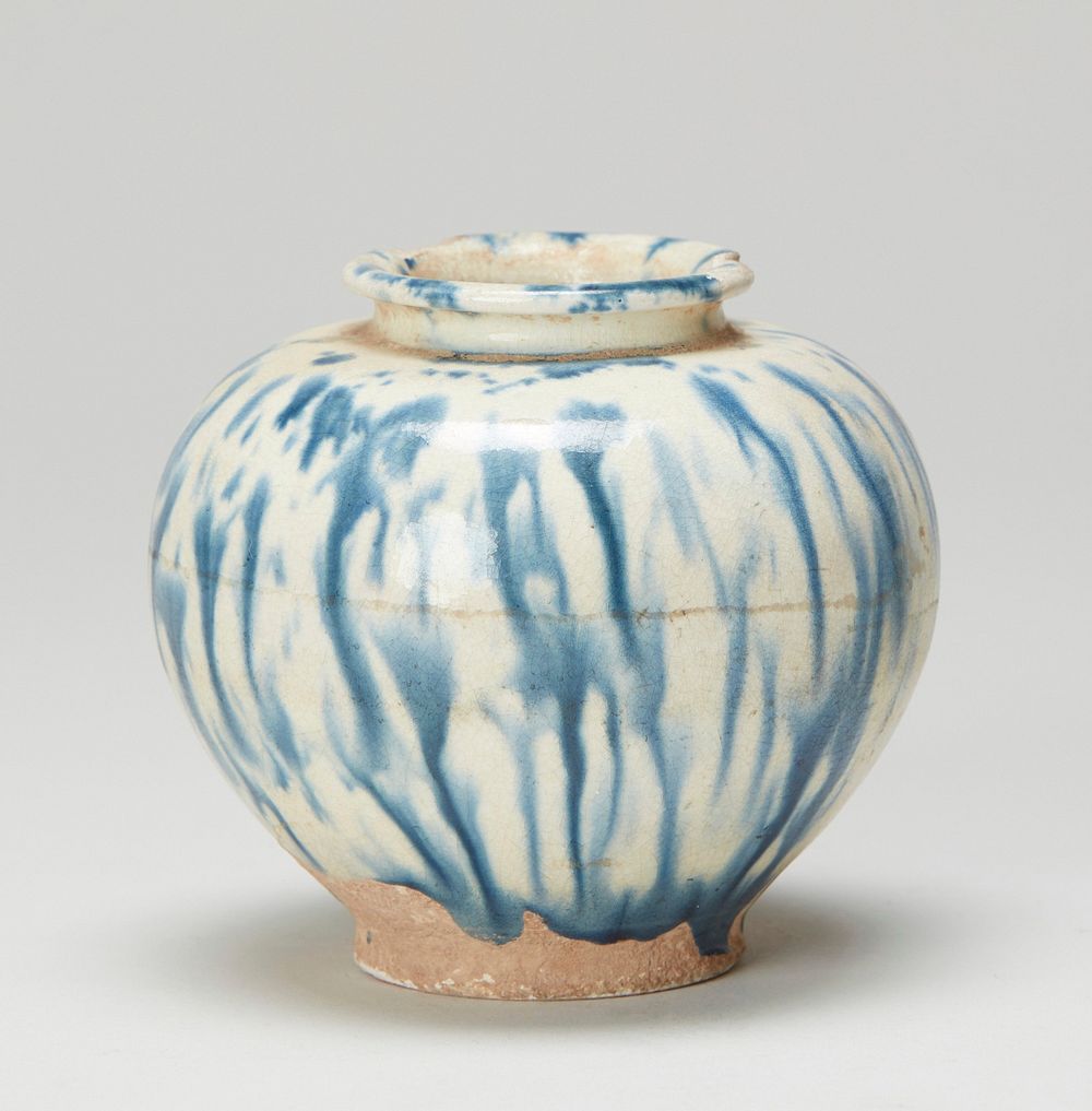 Spherical; white earthenware ground with dark blue glaze mottled.. Original from the Minneapolis Institute of Art.