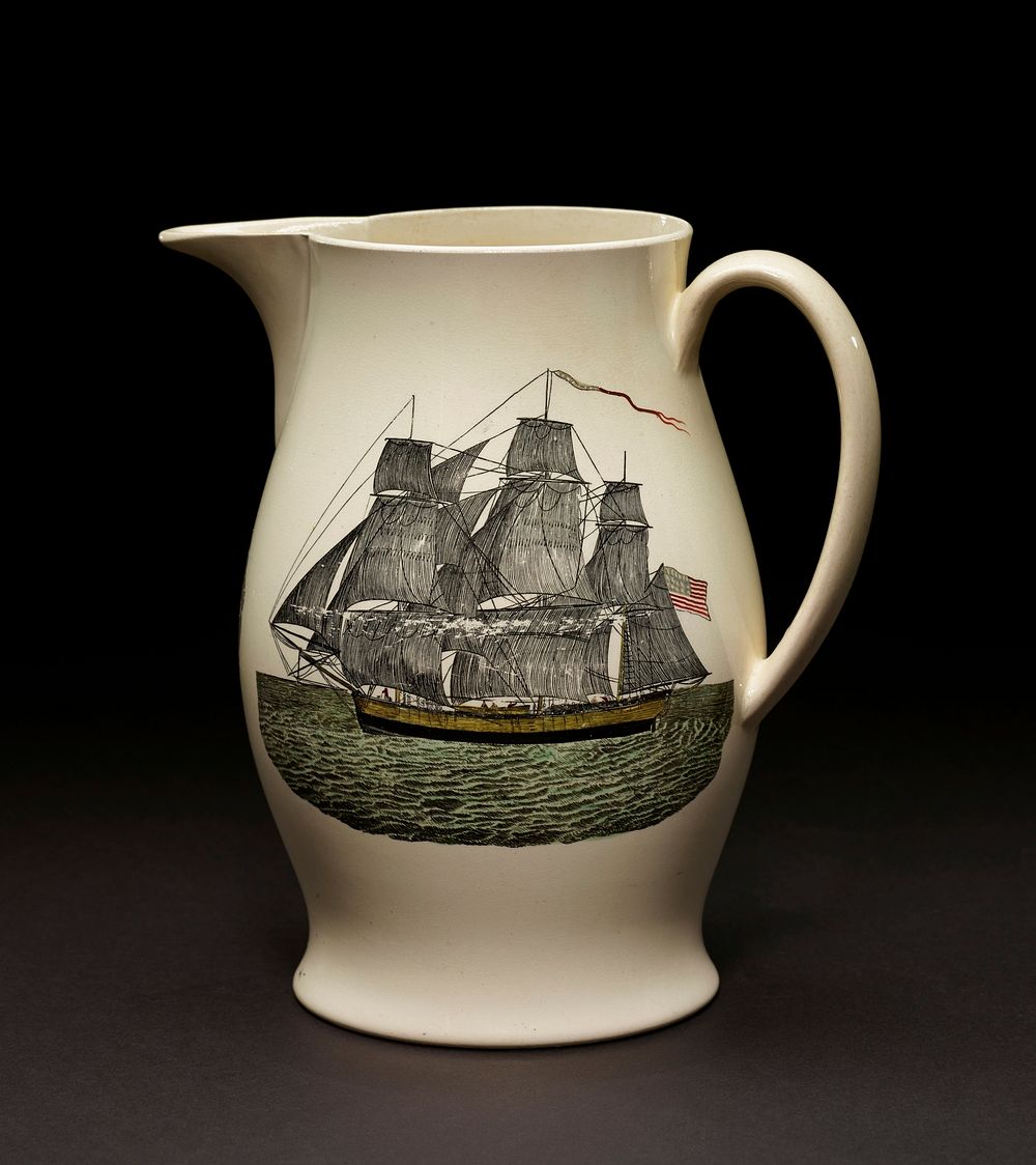 Liverpool jug decorated with transfer patterns in black, Washington Memorial on one side, and a sailing vessel on the other.…