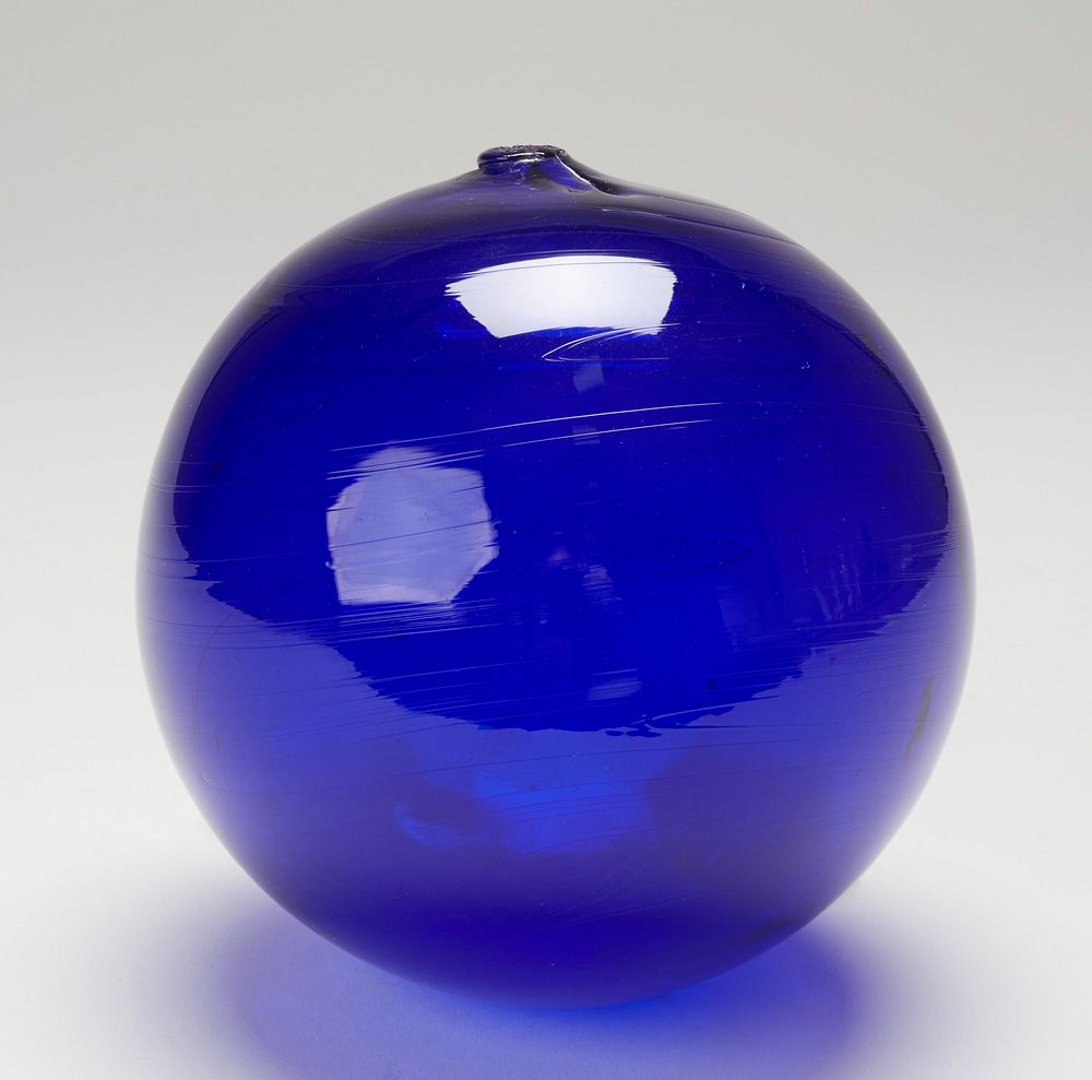 ball, blue colored glass; measured on stand (should it be numbered'b'?) cat. card dims H 6 x diam 6'. Original from the…