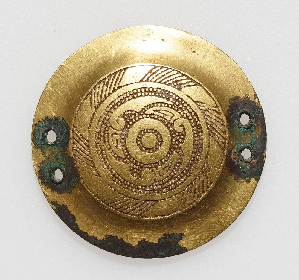 horse trapping, circular design, concentric circles with different motifs in whorls; gilded bronze, hammered or punched…