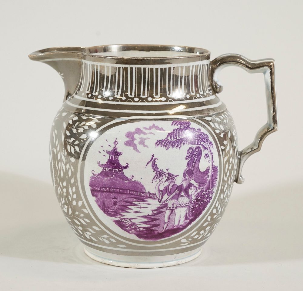 Pitcher, silver lustre, purple chinoiserie cartouche transfer print on one side and English countryside cartouch on the…