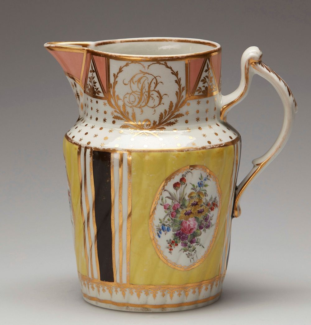 pitcher, ceramic-porcelain; fluted, with medallions and gilt trim. Original from the Minneapolis Institute of Art.