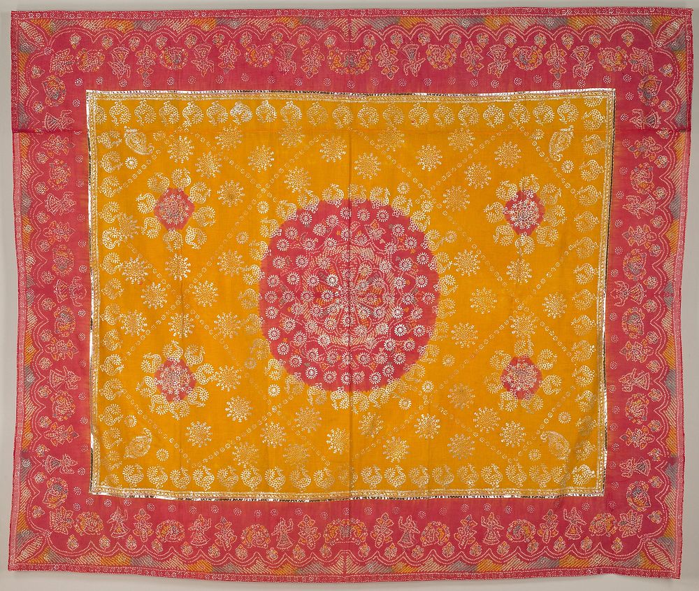central yellow rectangle with four pink circles; central rectangle trimmed in silver metallic trim; wide pink border dyed…
