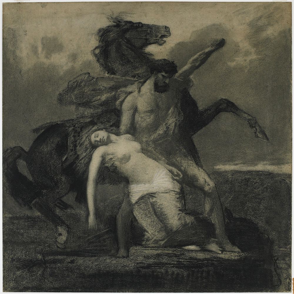 cat. 10; man holding limp woman; rearing horse behind them; black chalk highlighted with white chalk on grey-green paper;…