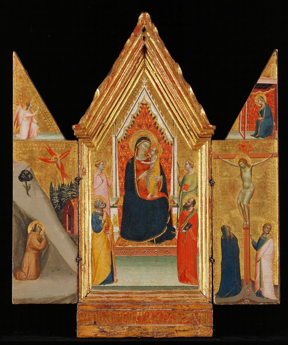 Religion: NT. Triptych, center panel gabled; wings together form gable. Madonna and Child with Paul, Peter, Catherine and…