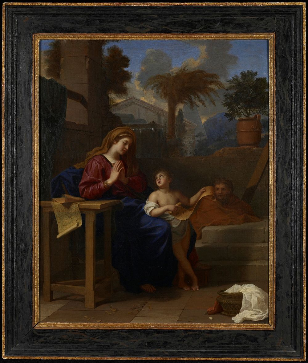 The scene depicted is the Holy Family in Egypt during a moment of temporary refuge from the pursuing soldiers of King Herod.…