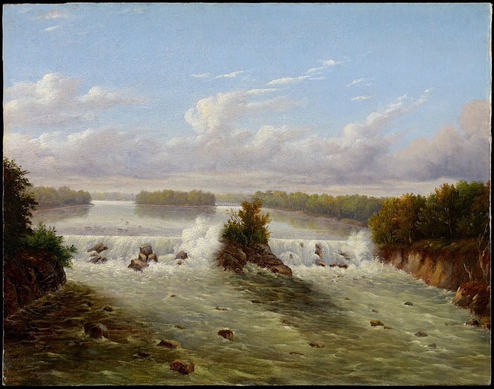 waterfall with rock outcropping at center with bush; rocky bank on L and R; gold frame. Original from the Minneapolis…