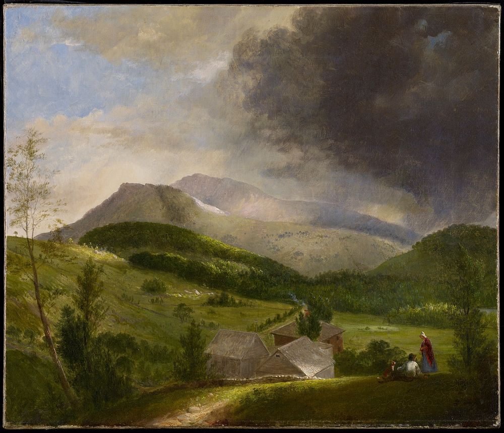 farmstead with figures in LRC; hillside with distant mountain peaks; darkened sky from URC. Original from the Minneapolis…