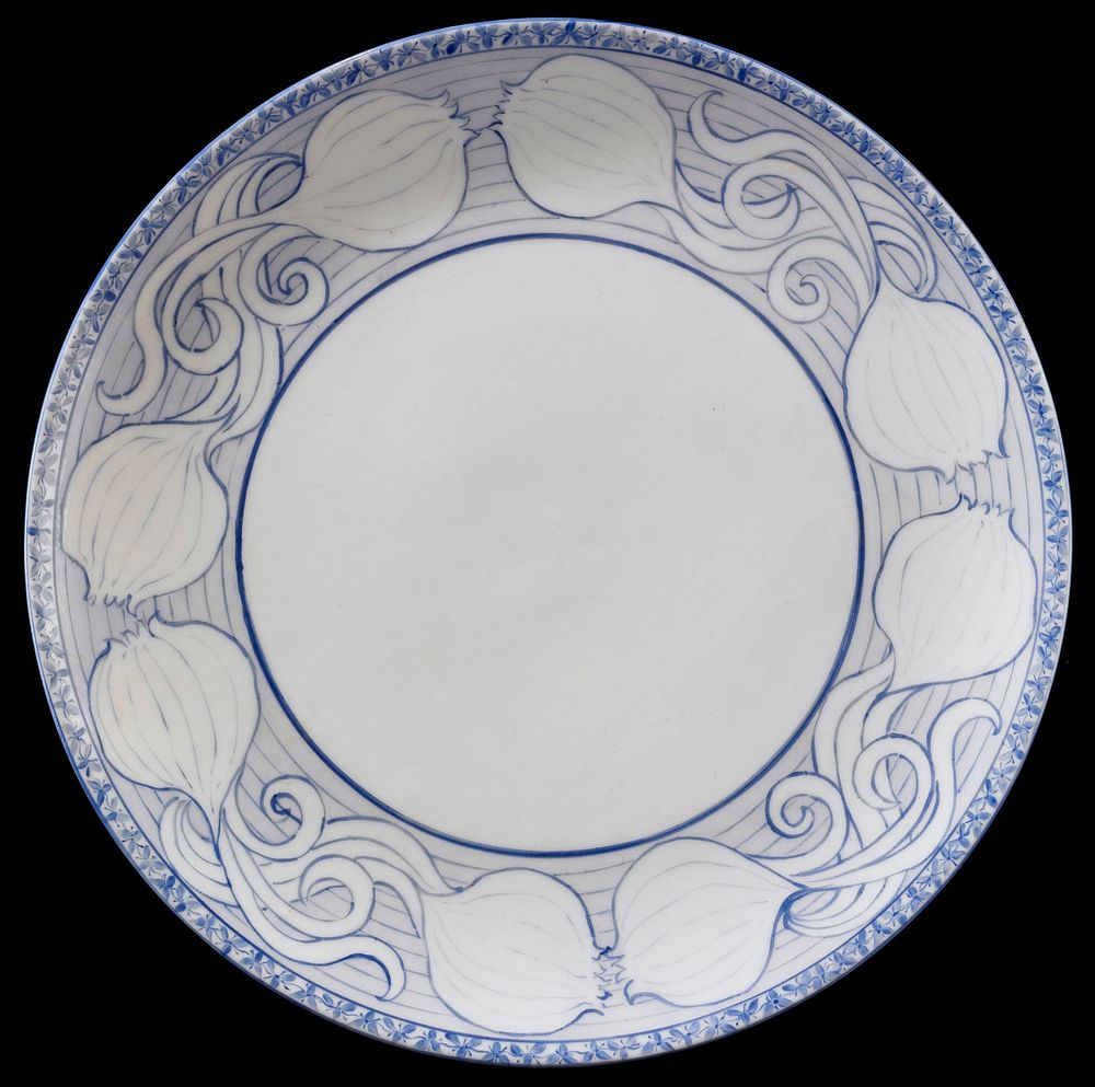 blue glaze on white; 1/4" band of small flowers around rim; 1 3/4" band decorated with sprouted onions intertwining at four…