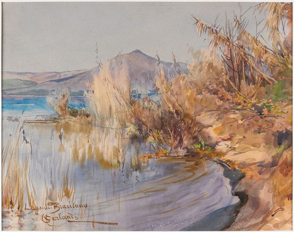 landscape with water at L; purplish mountain peak in background; tan and brown foliage at L and center forming a small…