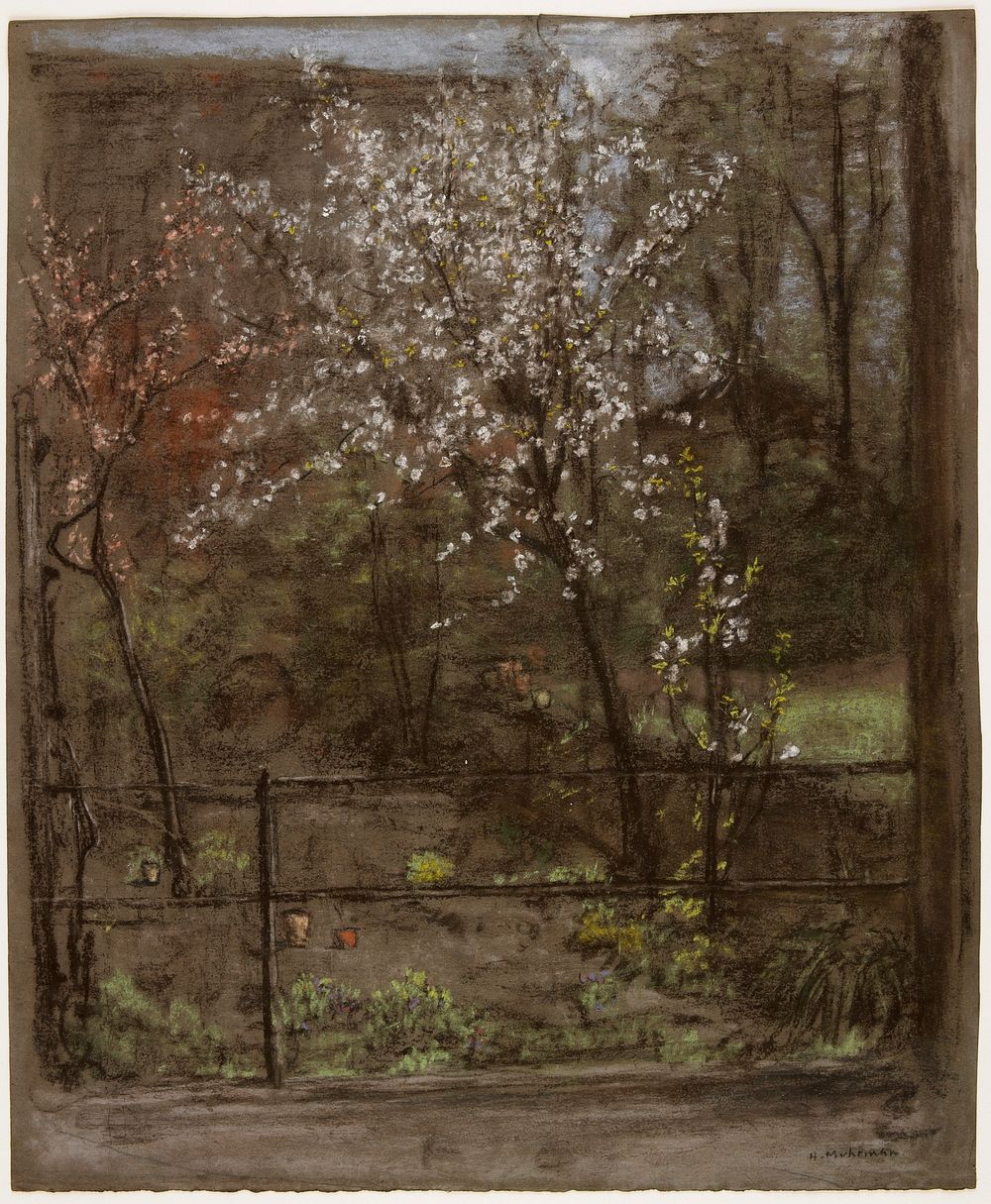 trees in spring with pink and white blossoms behind a railing; greys throughout. Original from the Minneapolis Institute of…