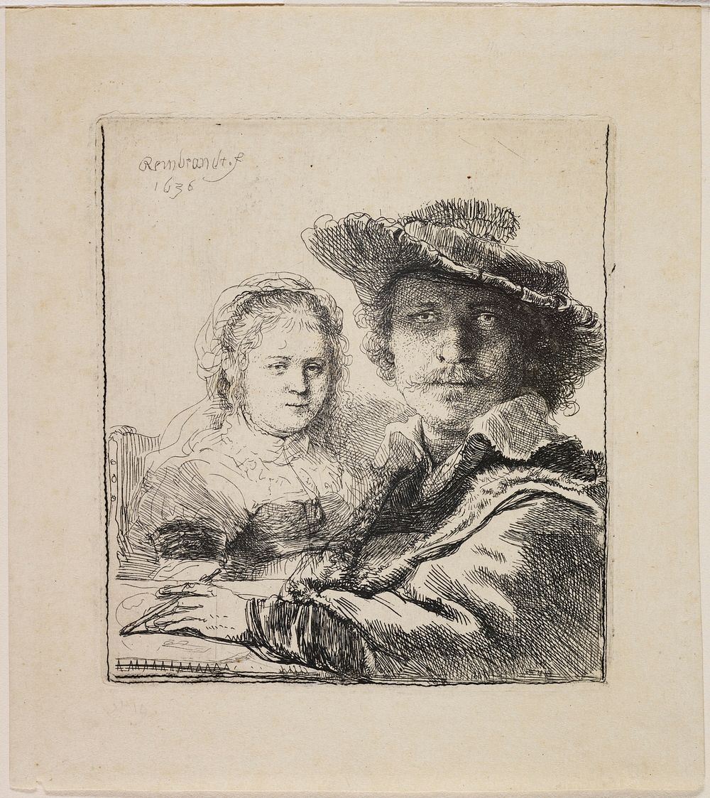 Rembrandt van Rijn's Rembrandt at right wearing a hat and holding a stylus in his PL hand; woman seated behind him to left…