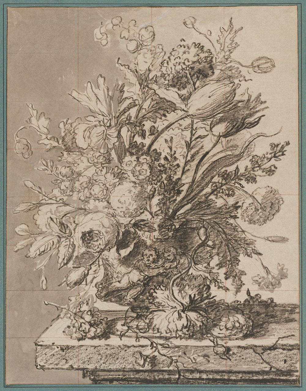 large bouquet of flowers in a vase decorated with putti in relief, sitting on a ledge; other flowers on top of ledge; drawn…