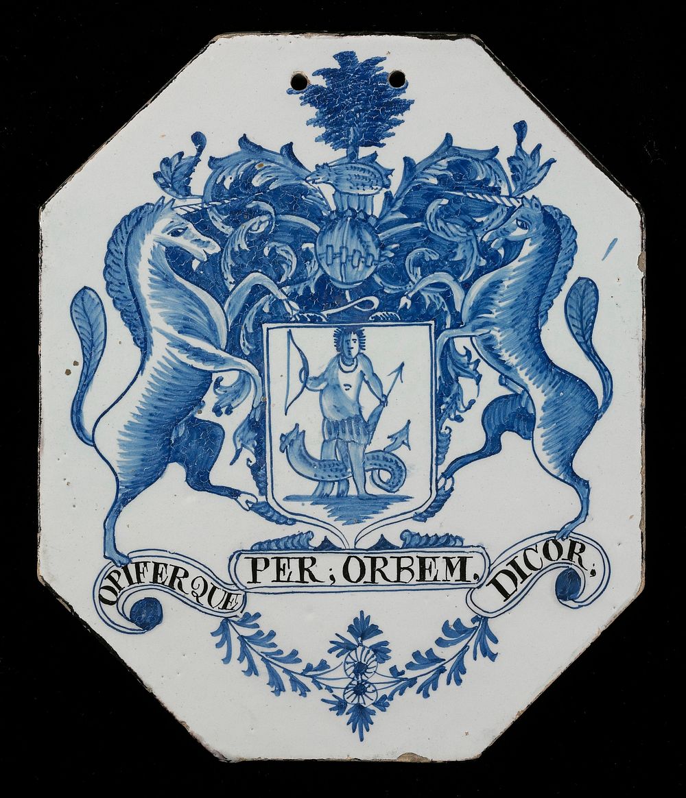 octagonal pill slab with armorial motto, "Ipifer Que Per; Orbem, Dicor"; man with bow and arrow standing over snake-like…
