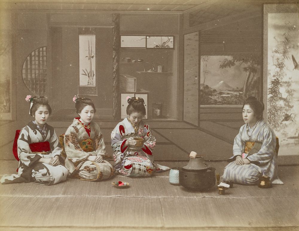 young woman and three girls wearing traditional Japanese garments; woman at right seated with a water jar (?) in front of…