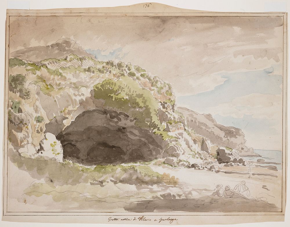seascape with hill/land mass at center and left; beach and water at right; sketchy figures sitting on beach in LRC; standing…