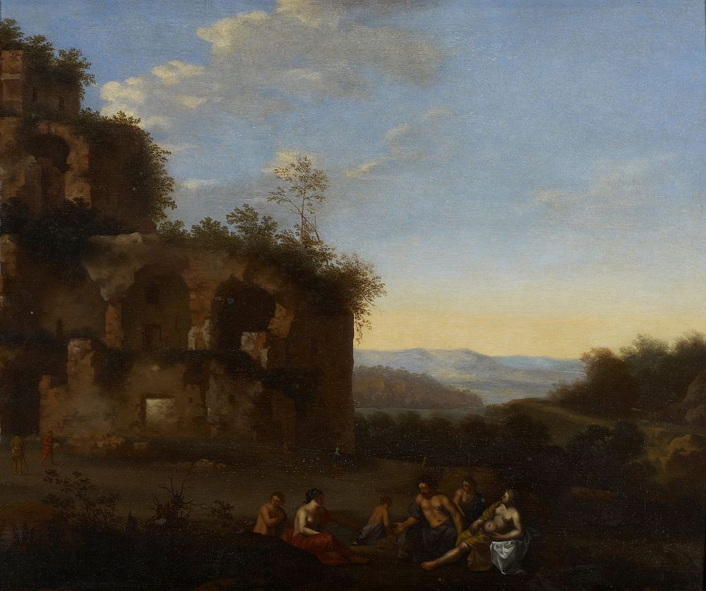 landscape with ruins at left; group of partially draped seated and partially reclined figures in foreground, center; some…