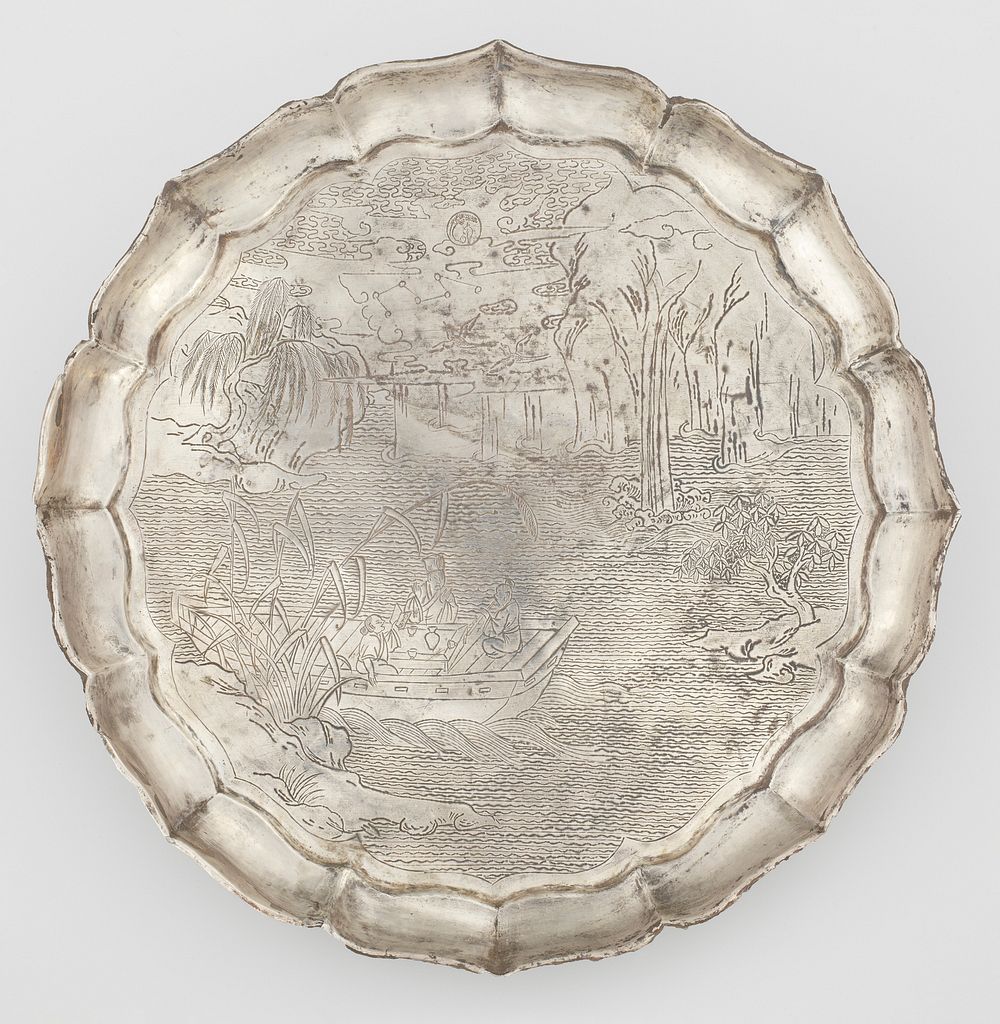 chased silver dish decorated with scene from the "Former Red Cliff Ode" by Su Shi (1037-1101); engraved in painterly baimiao…