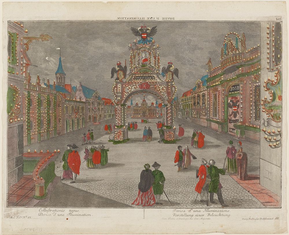 image of men and women on a city street with buildings on either side of walkway and large central archway surmouted with…