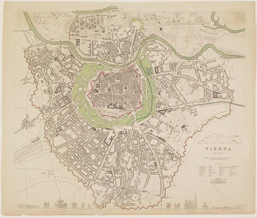 map of Vienna, colored with green, pale orange and red; view of 12 buildings at bottom edge. Original from the Minneapolis…