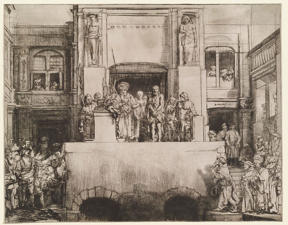 Rembrandt van Rijn's bound standing Christ at center standing on raised platform with two dark arches below; Christ is…