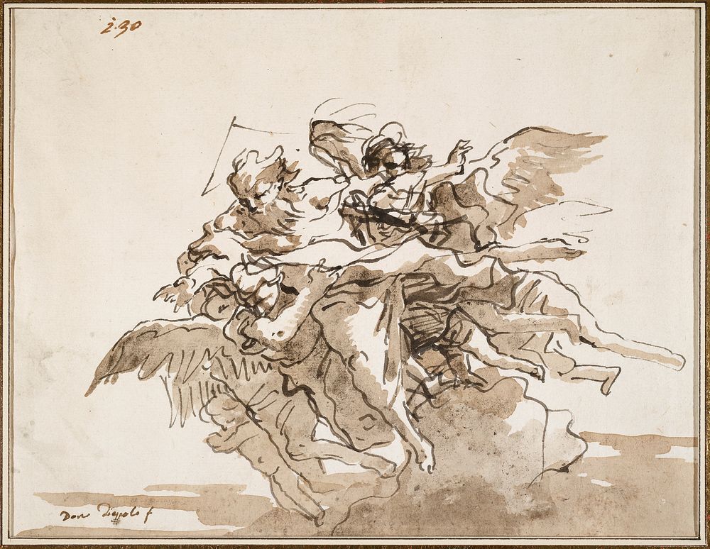 sketch of cluster of flying figures, moving to left; God at center with long beard accompanied by angels and putti; grey…
