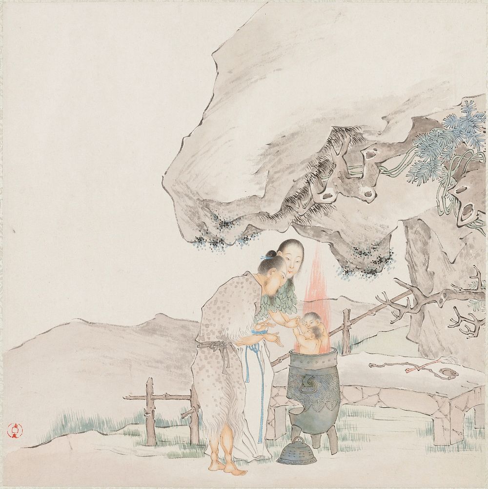 Bearded man wearing fur (?) robe, with his hair tied in a bun with a blue cord, and a woman wearing a white dress with a…