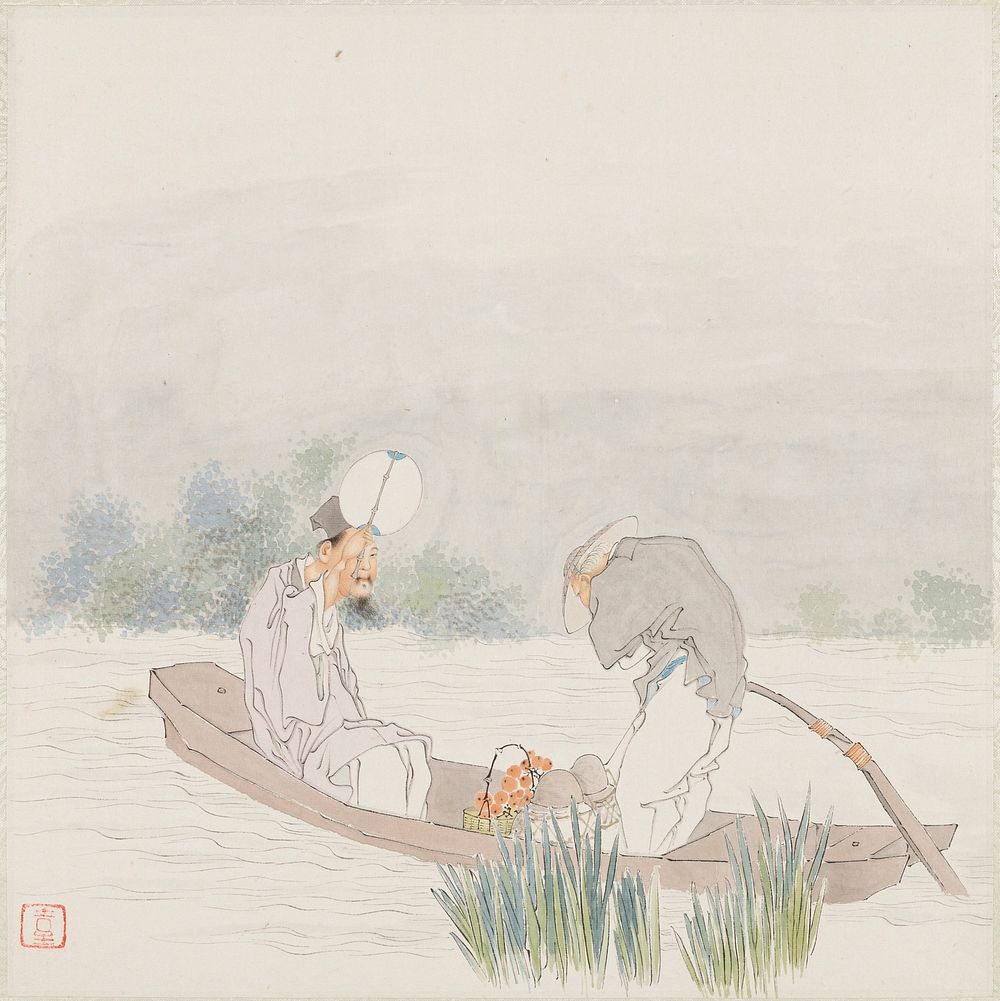 Two men in a boat--one standing, one seated; seated bearded man at left wears a grey cap and holds up a white fan; hunched…