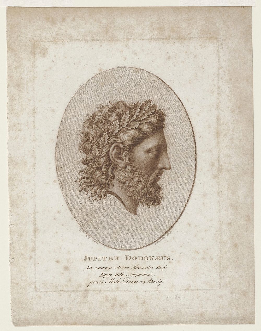 oval image right profile of man crowned with oak leaves. Original from the Minneapolis Institute of Art.