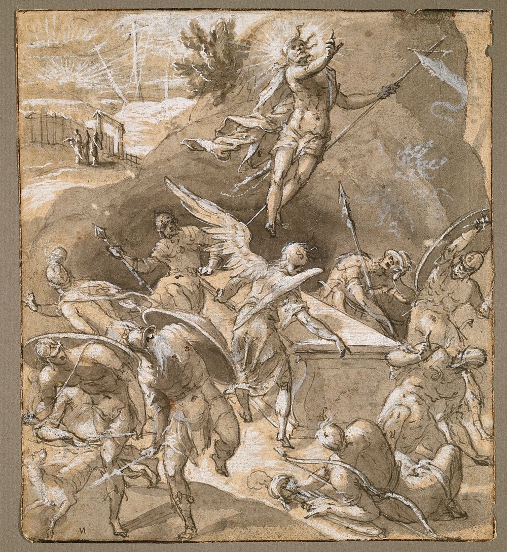 recto: dynamic scene with Jesus ascending from closed tomb at top right of center, carrying a cross; angel at center seen…