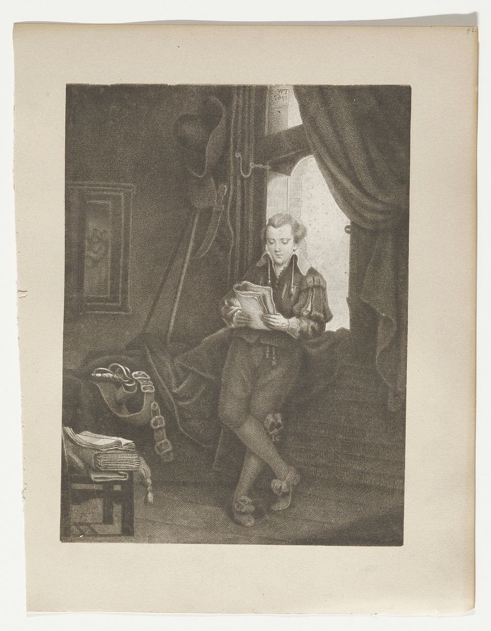 young man leaning against a window, reading; hat and large knife hanging at left; sword belt on bed(?); folios on chair, one…