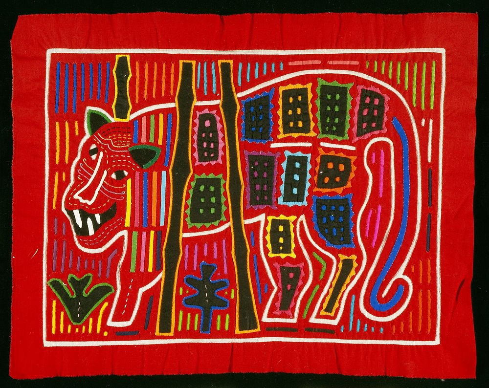 reverse applique panel; red with multicolor design of animal. Original from the Minneapolis Institute of Art.